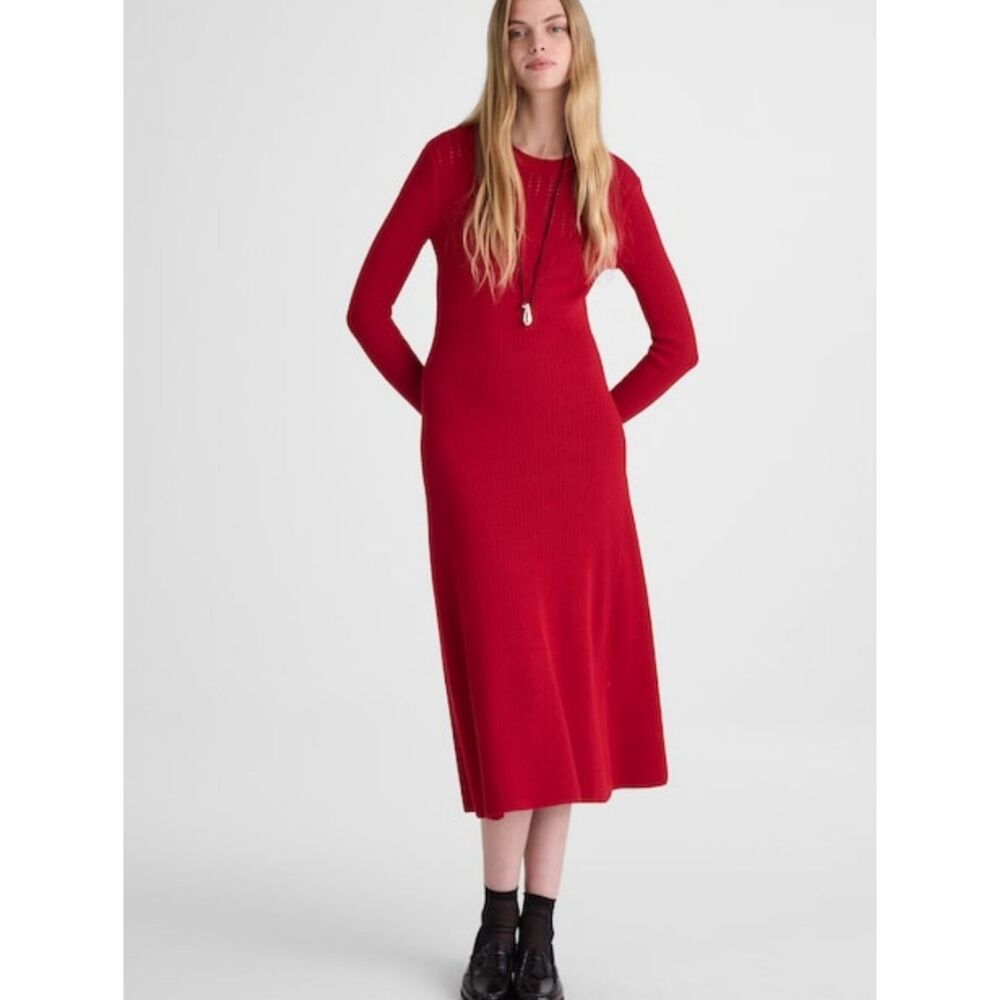 NWT Madewell Talia Rib The Signature Knit Crewneck Midi Dress Crimson Red